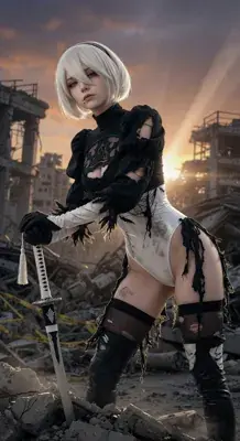 2B from Nier Automata battle-worn 2B in ruins - digital artwork showing android warrior in signature outfit
