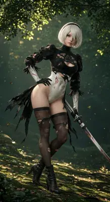 2B from Nier Automata battle-worn in forest - digital artwork showing android warrior in signature outfit