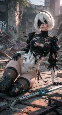 2B from Nier Automata battle-worn 2B in the ruins - digital artwork showing android warrior in signature outfit