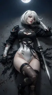 2B from Nier Automata battle-worn 2B lying under moonlight - digital artwork showing android warrior in signature outfit