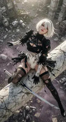 2B from Nier Automata battle-worn 2B on ruined pillar - digital artwork showing android warrior in signature outfit