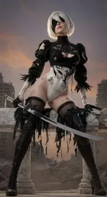 2B from Nier Automata battle-worn sitting in ruins - digital artwork showing android warrior in signature outfit