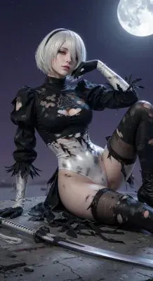 2B from Nier Automata battle-worn 2B under moonlight - digital artwork showing android warrior in signature outfit