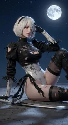 2B from Nier Automata battle-worn 2B under moonlight - digital artwork showing android warrior in signature outfit