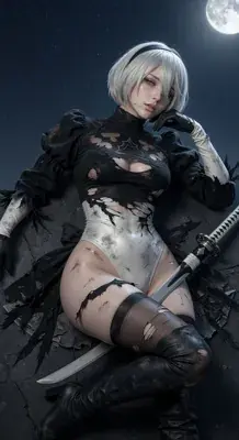 2B from Nier Automata battle-worn 2B under moonlight - digital artwork showing android warrior in signature outfit