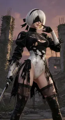 2B from Nier Automata battle-worn android - digital artwork showing android warrior in signature outfit