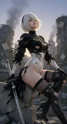 2B from Nier Automata battle-worn android - digital artwork showing android warrior in signature outfit