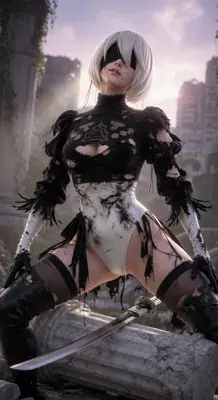 2B from Nier Automata battle worn android - digital artwork showing android warrior in signature outfit