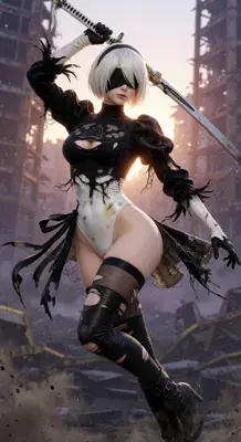 2B from Nier Automata battle-worn outfit - digital artwork showing android warrior in signature outfit