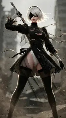 2B from Nier Automata battle worn android - digital artwork showing android warrior in signature outfit
