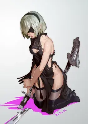 Image of 2B battle worn and kneeling - YoRHa android character art from the video game Nier Automata