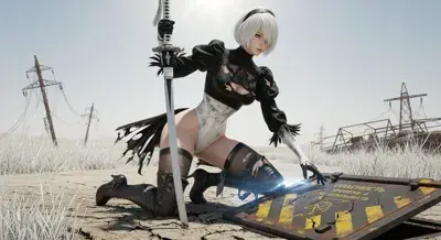 2B from Nier Automata battle-worn in wasteland - digital artwork showing android warrior in signature outfit