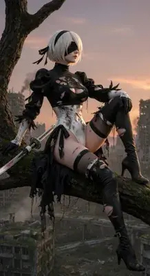 2B from Nier Automata battle-worn android perched in ruins - digital artwork showing android warrior in signature outfit