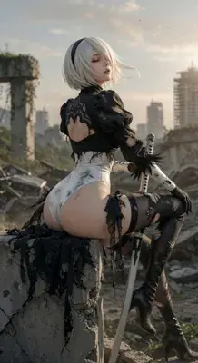 2B from Nier Automata battle-worn android resting - digital artwork showing android warrior in signature outfit