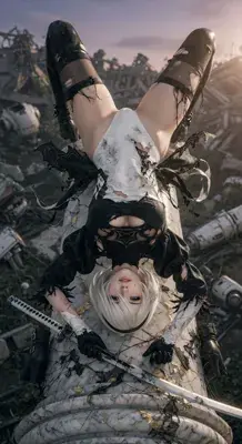 2B from Nier Automata battle-worn android resting on a pillar - digital artwork showing android warrior in signature outfit