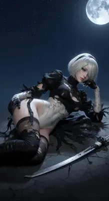 2B from Nier Automata battle-worn and lying down - digital artwork showing android warrior in signature outfit