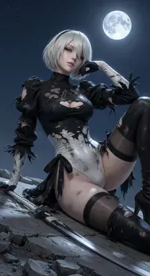 2B from Nier Automata battle-worn android - digital artwork showing android warrior in signature outfit under the moon
