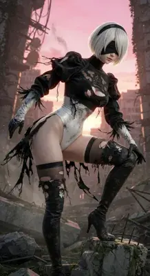 2B from Nier Automata battle-worn combat pose - digital artwork showing android warrior in signature outfit