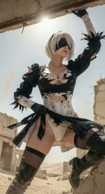 2B from Nier Automata battle-worn standing pose - digital artwork showing android warrior in signature outfit