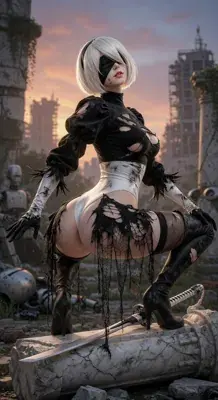 2B from Nier Automata battle-worn android warrior in signature outfit - digital artwork showing android warrior in signature outfit