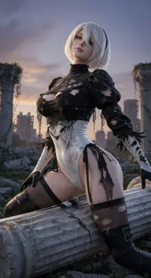 2B from Nier Automata battle-worn standing among ruins - digital artwork showing android warrior in signature outfit