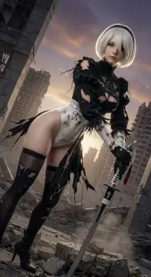 2B from Nier Automata battle-worn android warrior - digital artwork showing android warrior in signature outfit