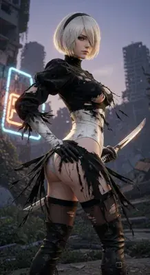 2B from Nier Automata battle-worn android warrior - digital artwork showing android warrior in signature outfit