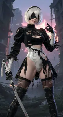 2B from Nier Automata battle-worn android warrior - digital artwork showing android warrior in signature outfit