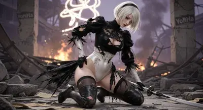2B from Nier Automata battle worn android warrior - digital artwork showing android warrior in signature outfit