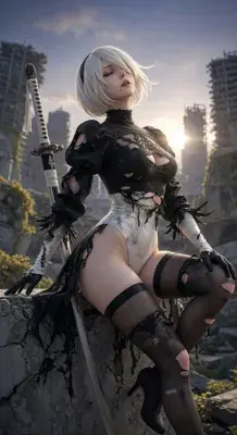 2B from Nier Automata battle-worn android warrior - digital artwork showing android warrior in signature outfit