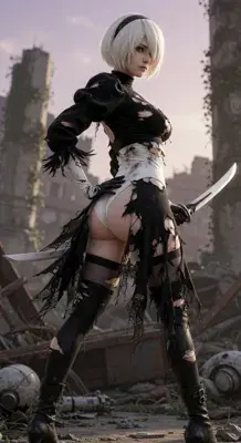 2B from Nier Automata battle-worn android warrior - digital artwork showing android warrior in signature outfit