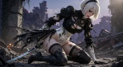 2B from Nier Automata battle-worn in ruins - digital artwork showing android warrior in signature outfit