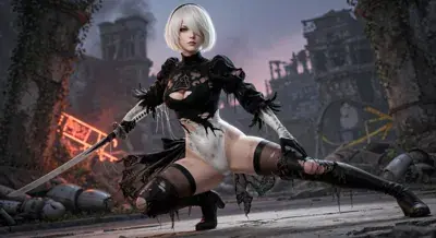 2B from Nier Automata in a battle-worn combat pose - digital artwork showing android warrior in signature outfit