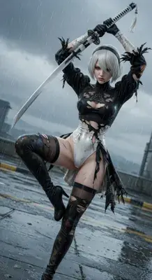 2B from Nier Automata battle-worn final stand - digital artwork showing android warrior in signature outfit