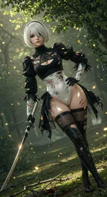 2B from Nier Automata battle-worn in the forest - digital artwork showing android warrior in signature outfit