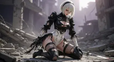 2B from Nier Automata battle-damaged pose - digital artwork showing android warrior in signature outfit