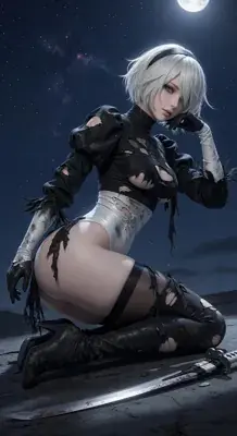 2B from Nier Automata battle worn under moonlight - digital artwork showing android warrior in signature outfit