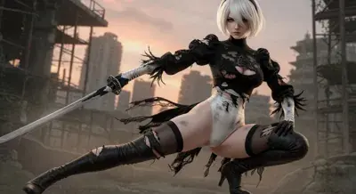 2B from Nier Automata battle-worn pose - digital artwork showing android warrior in signature outfit