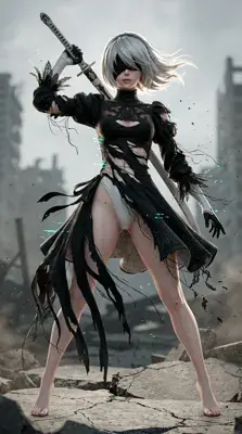 2B from Nier Automata battle-worn warrior - digital artwork showing android warrior in signature outfit