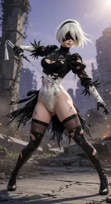 2B from Nier Automata battle-worn warrior - digital artwork showing android warrior in signature outfit
