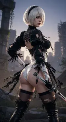 2B from Nier Automata battle-worn warrior - digital artwork showing android warrior in signature outfit
