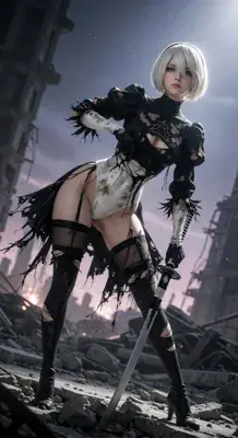 2B from Nier Automata standing in a destroyed city - digital artwork showing android warrior in signature outfit