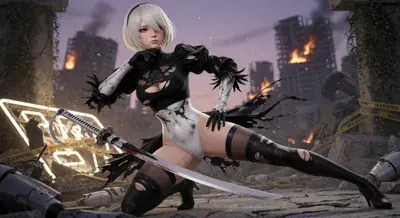 2B from Nier Automata battle-worn warrior - digital artwork showing android warrior in signature outfit