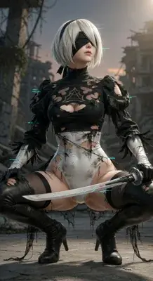 2B from Nier Automata battle-worn state - digital artwork showing android warrior in signature outfit