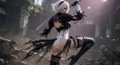 2B from Nier Automata battle-worn warrior combat pose - digital artwork showing android warrior in signature outfit