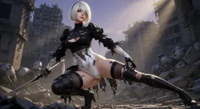 2B from Nier Automata battle-worn pose - digital artwork showing android warrior in signature outfit