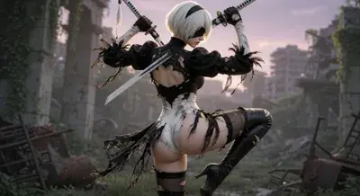 2B from Nier Automata battle-worn action pose - digital artwork showing android warrior in signature outfit