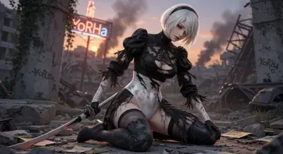 2B from Nier Automata battle-worn warrior in ruins - digital artwork showing android warrior in signature outfit