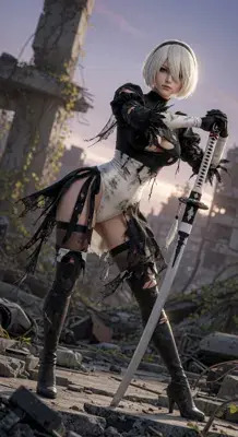 2B from Nier Automata battle-worn standing in ruins - digital artwork showing android warrior in signature outfit