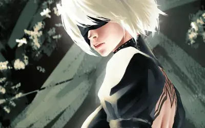 2B from Nier Automata Captivating Digital Portrait - digital artwork showing android warrior in signature outfit